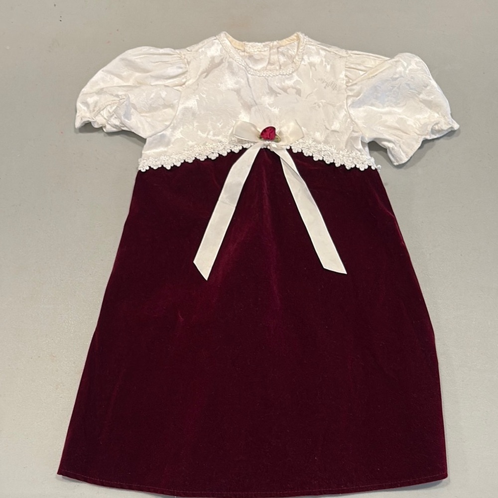 Expressions Elegant White and Burgundy Velvet Dress with Bow